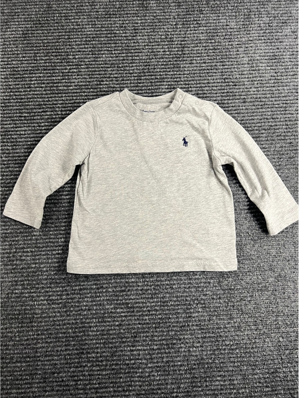 Ralph Lauren Baby Long Sleeve Grey Shirt Navy Blue Logo Size 9M - 100% Cotton